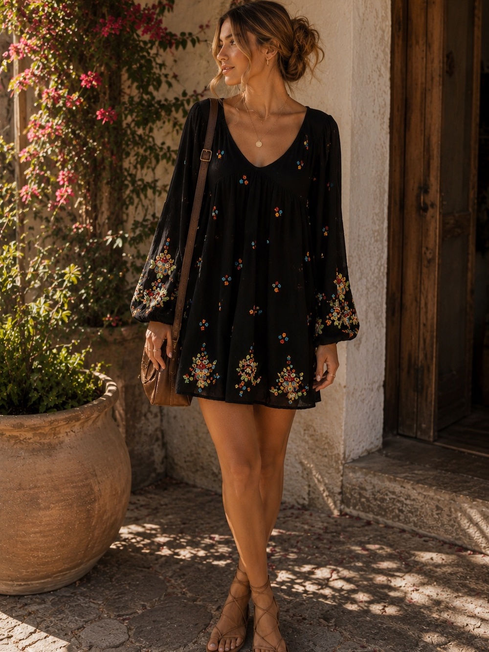 Free People Black Embroidered Boho Mini Dress Medium Open Back